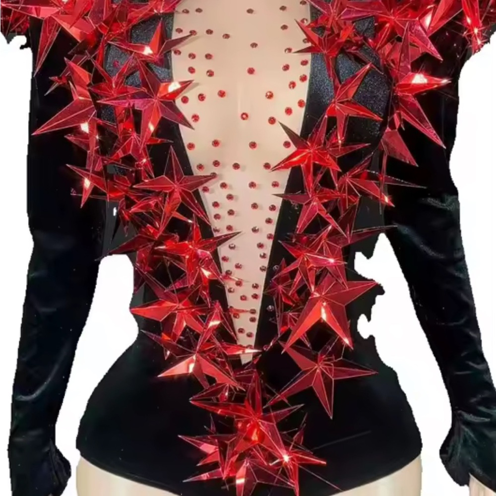 Stunning Black Bodysuit with Red Star Accents